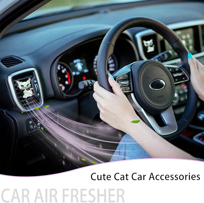 Cat Car Accessories 2pcs White Cat Car Air Freshener Vent Clips kawaii Interior decoration for Women Teens Refillable Diffuser