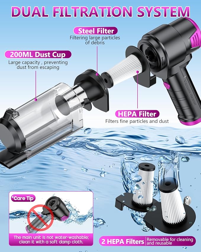 EYYA Handheld Vacuum Cordless, 16KPA High Power Portable Car Vacuum Cleaner & Air Duster, Hand Held Vacuum Cordless Rechargeable with Multi-Nozzles & 2 HEPA Filters for Car Home Office