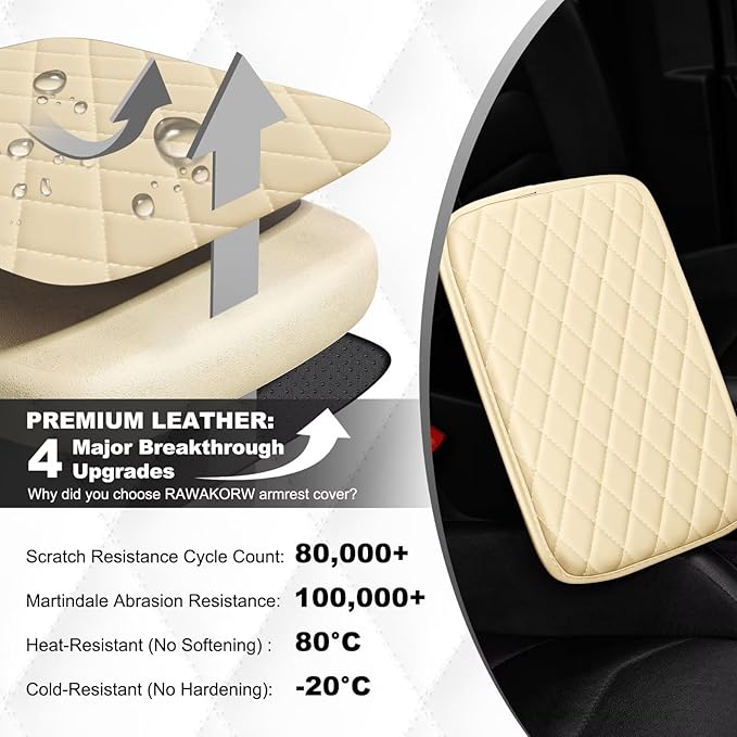 Upgraded Car Center Console Cover Fit for Corolla Faux Leather Car Armrest Cover Cushion with 2 Storage Bags,Car Armrest Storage Box Interior Accessories(Beige&Whiteline)