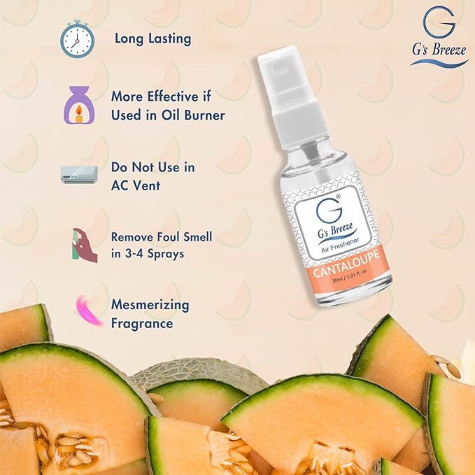 G's Breeze Cantaloupe Air Freshener - Sweet, Refreshing & Juicy Scent of Ripe Cantaloupe - Uplifting Aroma, Fruity Spray for Home, Office or Car - Energizing & Long-Lasting Fragrance - Pet Friendly