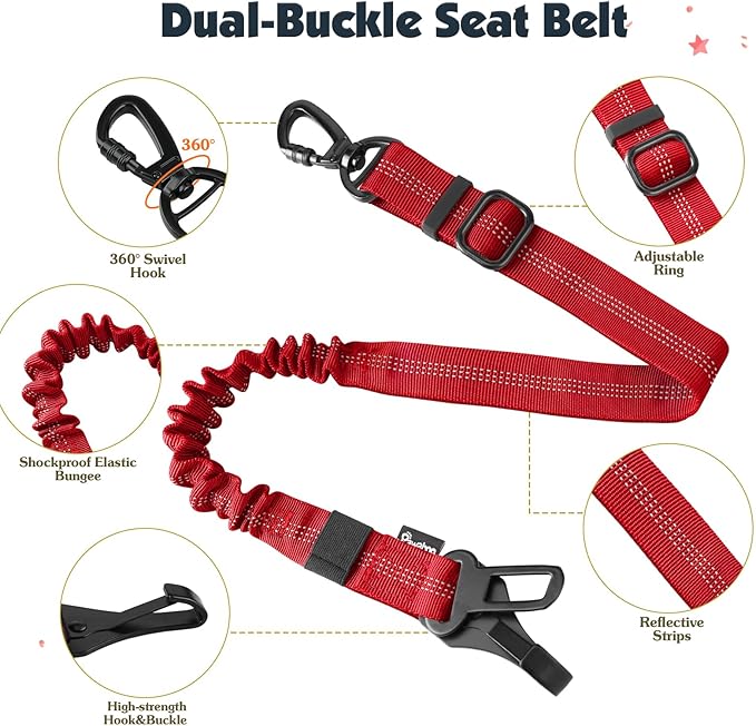Pawaboo Dog Seat Belt Harness for Car, Dog Car Harness Seatbelt with Double Clips, Adjustable Breathable Pet Vest & Dogs Safety Tether with Elastic Bungee for Small Medium Large Pet, XL, Red+Black