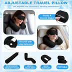 BreezeHug 4 Pcs Travel Comfort Kit with Memory Foam Travel Pillow Airplane Footrest Hammock 3D Contoured Eye Mask Compression Socks Neck Pillow for Car Flight Sleeping Support (Black)