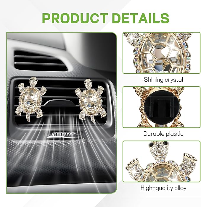 2PCS Sea Turtles Car Air Freshener Vent Clip, Bling Cute Turtle Vent Clips for Cars, Rhinestone Auto Air Conditioning Outlet Clip, Ocean Theme Interior Decor Car Accessories (White)