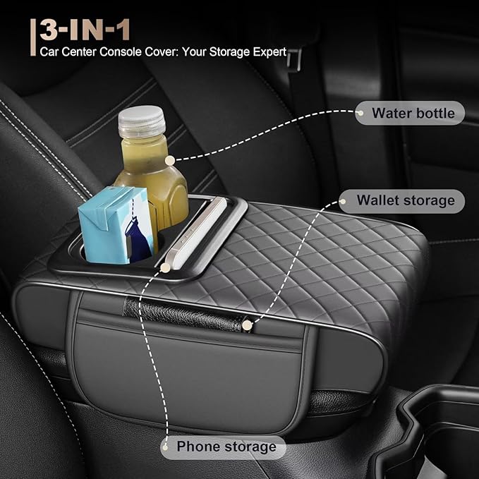 Center Console Cover Fit for Corolla Cross Faux Leather Car Armrest Cushion with Storage Bags, Cup Holder ＆ Phone Storage Multifunctional Middle Console Cover(Grey)