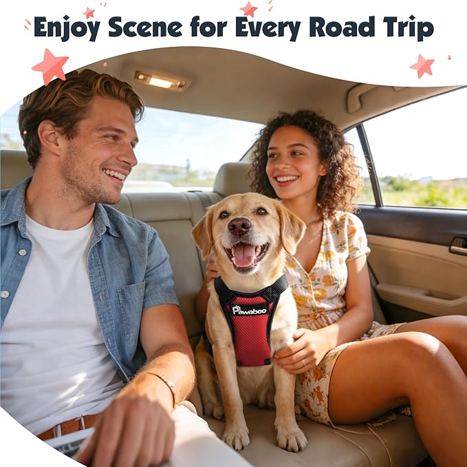 Pawaboo Dog Seat Belt Harness for Car, Dog Car Harness Seatbelt with Double Clips, Adjustable Breathable Pet Vest & Dogs Safety Tether with Elastic Bungee for Small Medium Large Pet, S, Red+Black