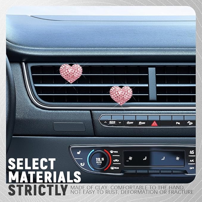 2PCS Bling Heart Air Vent Clips, Heart Shaped Crystal Air Freshener Vent Clips, Rhinestone Air Conditioning Outlet Clip, Universal Interior Decor Car Accessories for Women Girls (Pink)