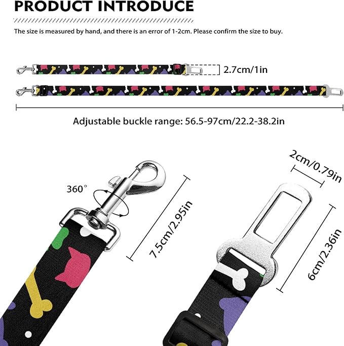 Cute Design 2-Pack Set Adjustable Pet Cat Dog Car Seat Belt, Adjustable Buckle Pet Car Harness Fabric Lanyard from 22 to 38 Inches Seatbelt Leash (Daliy Dog-Two Piece in one Set)