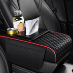 Car Center Console Armrest Pad, Arm Rest Box Cushion with Ergonomic Height Boost, Storage Pockets, Built-in Tissue Box, Cupholder, Fit for Most Sedan Vehicles (Embroidery Water Ripple, Black-Red)