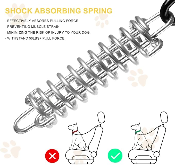 Dog Seat Belt Harness for Car, 5-in-1 Coated Wire Dog Seatbelt, HYLIYAKI Shock Spring-Loaded No Chew Pet Dog Car Seatbelt Leash, with Removable Reflective Short Leash(Black, 24 inch/60 CM)