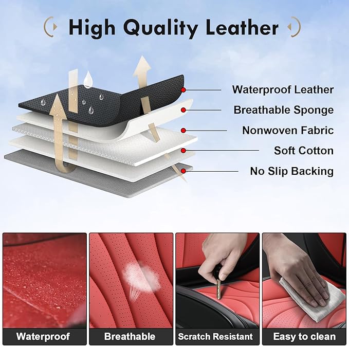 Coverado Car Seat Covers Full Set, Premium Leather Seat Cover for Cars, Front and Back Car Seat Protector, Waterproof Car Seat Cushion Universal Fit for Most Vehicles(Black&Red)