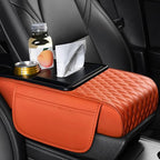 Car Center Console Armrest Pad, Arm Rest Box Cushion with Ergonomic Height Boost, Storage Pockets, Built-in Tissue Box, Cupholder, Fit for Most Sedan Vehicles (Embroidery Water Ripple, Deep Orange)