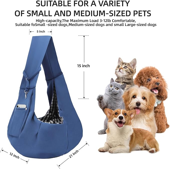Dog Carrier Sling - Reversible Puppy Carrier Purse with Storage Pocket, Hand-Free Dog Sling Carrier for Carry Small Dogs and Cats, Travel Safety Harness, Dog and Cat Harness (Blue)