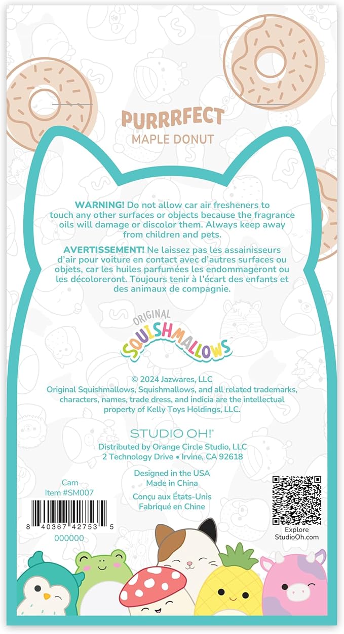 Studio Oh! x Squishmallow Cam Car Air Fresheners, Pack of 2 Scented Hanging Car Air Freshener, Maple, Cinnamon, Nutmeg, Tonka Bean Butter, and Vanilla Sugar - Purrrfect Maple Donut