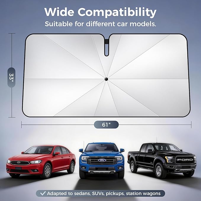 Upgraded Windshield Sun Shade Umbrella – Thickened Silver Titanium Coating, UV Protection for Car Front Window, Block Sun Rays & Keep Interior Cool, Reinforced Spring Edge, Universal Fit 61" L x 33" W