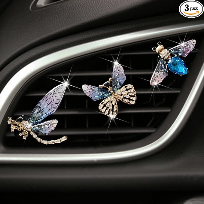 Bee Butterfly Dragonfly Car Aromatherapy Diffusers - 3 Pcs Air Fresheners Vent Clips for Car Decoration & Interior Decor (Blue)