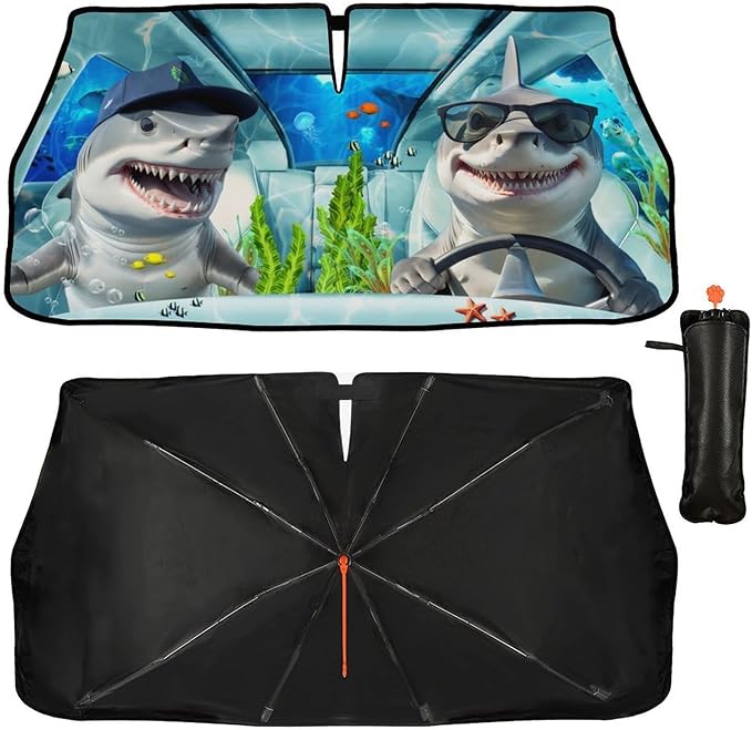 Funny Sharks Car Windshield Sunshade Umbrella Sharks Driving Sun Shade for Car Windshield Umbrella Upgraded Sunshades Blocks UV & Heat Front Window Shades for SUV Sedan Auto