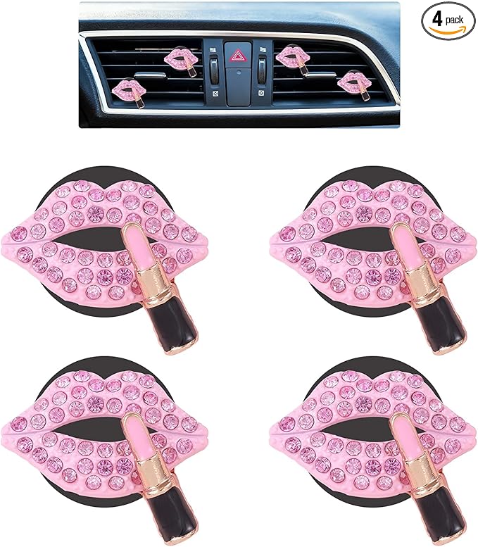 Pink Air Vent Clips Car Air freshener 4pcs Dazzling Lips Lipstick Bling Car Interior Decorations Accessories for Women Teens Girly Refillable Diffusers