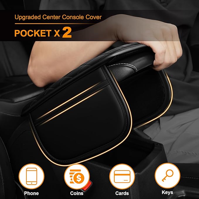 Center Console Cover for Cars Fit for Jeep Cherokee Leather Armrest Covers with 2 Storage Bags(Black)