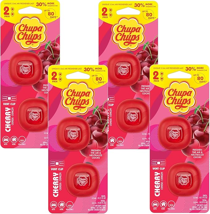 Chupa Chups Car Air Freshener, Candy Cherry - Long Lasting Car Fresheners with Fun Scents, Colorful and Vibrant Air Freshener for Car, Unique Car Freshner Perfume Deodorizer- 4Pack (8pcs Total)
