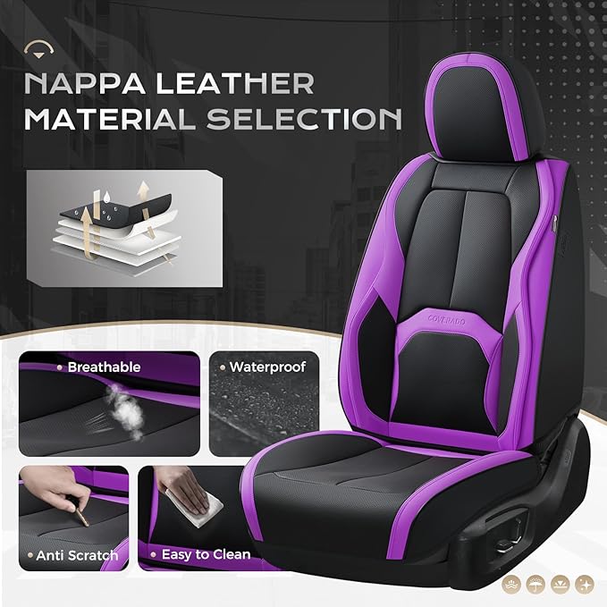 Coverado Car Seat Covers Full Set, Waterproof Nappa Leather Seat Covers for Car, Car Seat Protector with Lumbar Support, Automotive Seat Covers Universal Fit for Most Cars SUV Trucks, (Black&Purple)