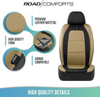 Road Comforts Car Seat Cover, Leather Car Seat Covers, Front Low Back Sport Seat Covers, Airbag Compatible, Universal Fits for Most Cars (Beige)