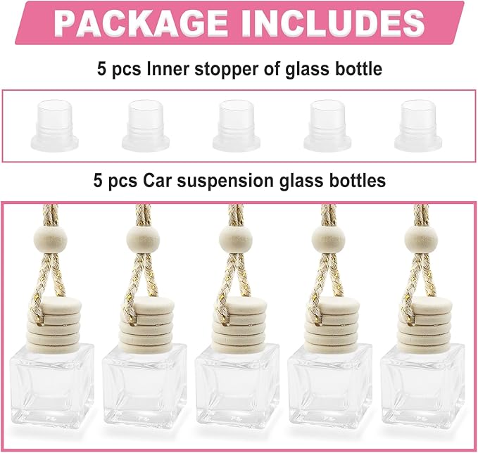 5 pcs Car Hanging Empty Glass Perfume Bottles Pendant Bottle, DIY Air Freshener Pendant, Empty Clear Glass Essential Diffuser Oil Aromatherapy, Glass Bottle Decor (Square)