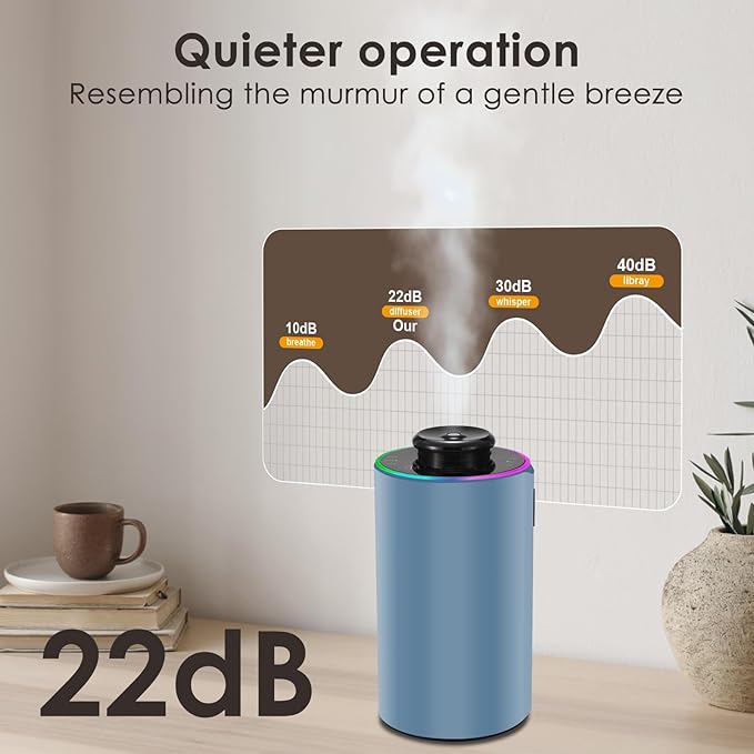 Waterless Essential Oil Diffuser with 8 Color LED Night Light, 3 Mist Levels & Timers, Portable Rechargeable Aromatherapy Diffuser for Home Car Room Studio Office, Black Metal (Blue)