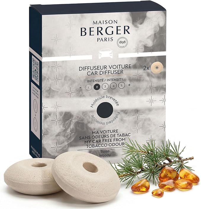 Maison Berger Luxury Car Diffuser Refill Set – Ceramic Inserts for Vent Clip Diffusers, 4-Week Passive Diffusion, Premium In-Car Fragrance Refill, Made in France (Anti Tobacco Odor)