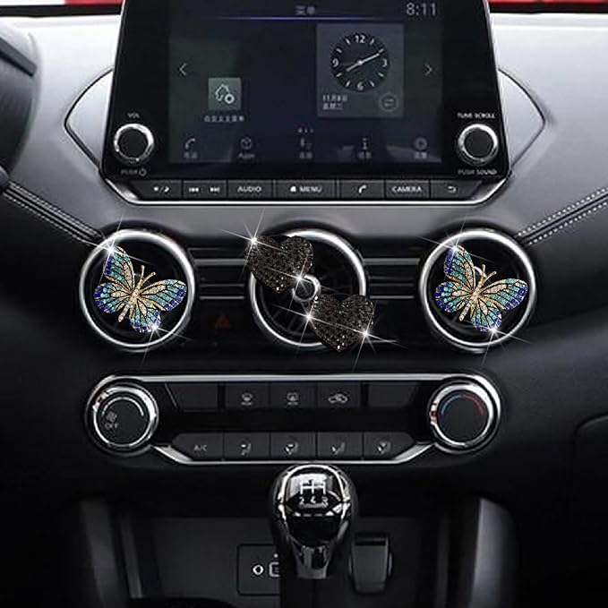 4 Pcs Blue Bling Butterfly and Heart Car Air Fresheners Vent Clips Diffuser Vent Clip Rhinestone Diamond Decoration Car Interior Decor Cute Accessories for Women, Automotive Air Fresheners (Black, 2)