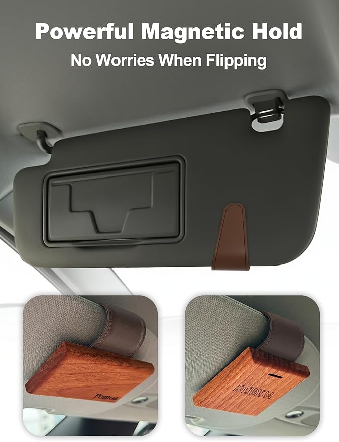 Patented Leather Car Air Freshener Visor Clip, Compatible with Drift Wood or Stone Car Freshener, Magnetic Design, Gentle on Sun Visors, Ideal for Modern & Electric Vehicles, Brown (Clip Only)