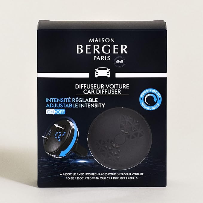 MAISON BERGER - Adjustable Refillable Car Air Freshener Vent Clip Diffuser Set - 1.75" Diameter x 1.25" Depth - Made in France (On/Off Smart - Black)