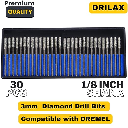 Drilax 30-Pc 3mm (1/8") Diamond Drill Bit Set | Dremel Compatible Wet Rotary Tool Bits for Jewelry Making, Sea Glass, Shells, Gemstones, Glass, Stone | Incl. Storage Case