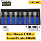 Drilax 30-Pc 3mm (1/8") Diamond Drill Bit Set | Dremel Compatible Wet Rotary Tool Bits for Jewelry Making, Sea Glass, Shells, Gemstones, Glass, Stone | Incl. Storage Case