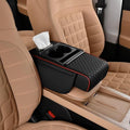 Center Console Cover Booster Multifunctional Center Console Cushion Pad with Cup Holder & Tissue Box & Side Pockets Arm Rest Cover for Car, Embossed, Black-red
