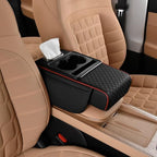 Center Console Cover Booster Multifunctional Center Console Cushion Pad with Cup Holder & Tissue Box & Side Pockets Arm Rest Cover for Car, Embossed, Black-red