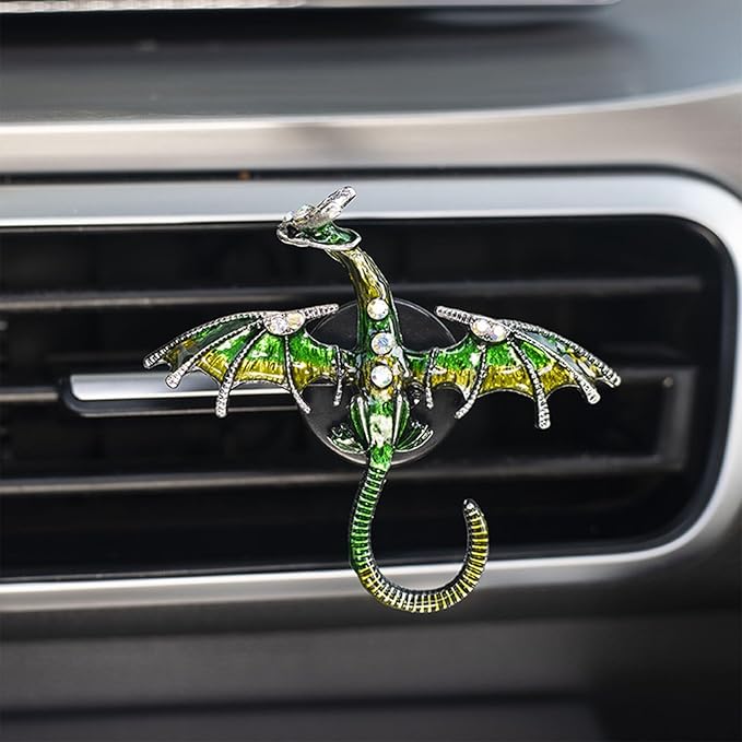 Dargon Air Vent Clips Car Air Freshener 2pcs Bling Green Dragon Car Accessories Enamel Fire Dragon Wyvern Vent Clips Refillable Essential Oil Outlet Diffuser Gothic Decor