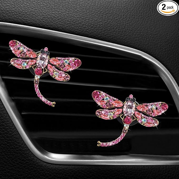 2PCS Bling Dragonfly Car Air Vent Clips, Crystal Rhinestone Car Air Conditioning Outlet Clip, Universal Cute Vehicle Interior Diffuser Decoration Accessories for Women (Pink)