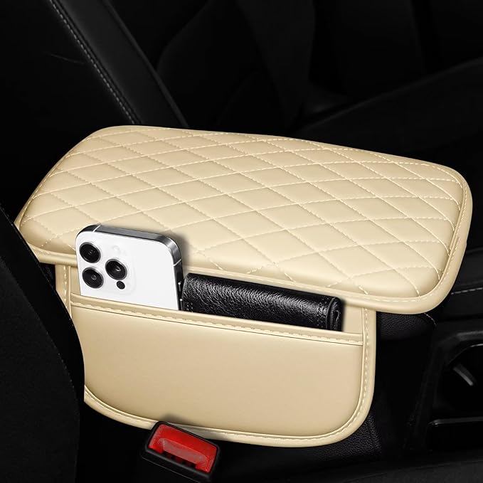 Upgraded Car Center Console Cover Fit for Camry Faux Leather Car Armrest Cover Cushion with 2 Storage Bags,Car Armrest Storage Box Interior Accessories(Beige&Whiteline)
