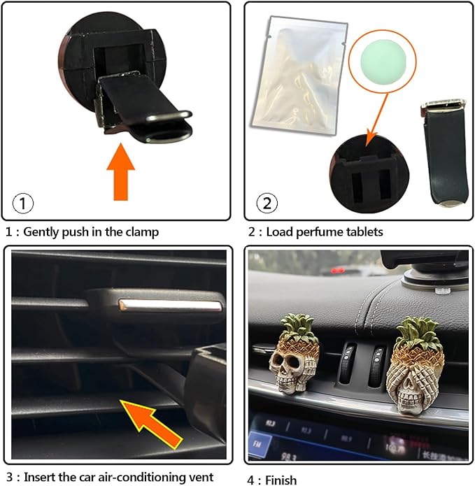 Car Air Fresheners Vent Clips 3 PCS Car Interior Accessories for Men Women Cute Skull Auto Air Conditioner Vent Clip Decor, for Car Office Home Halloween Christmas Gift (Pineapple Skull Set)
