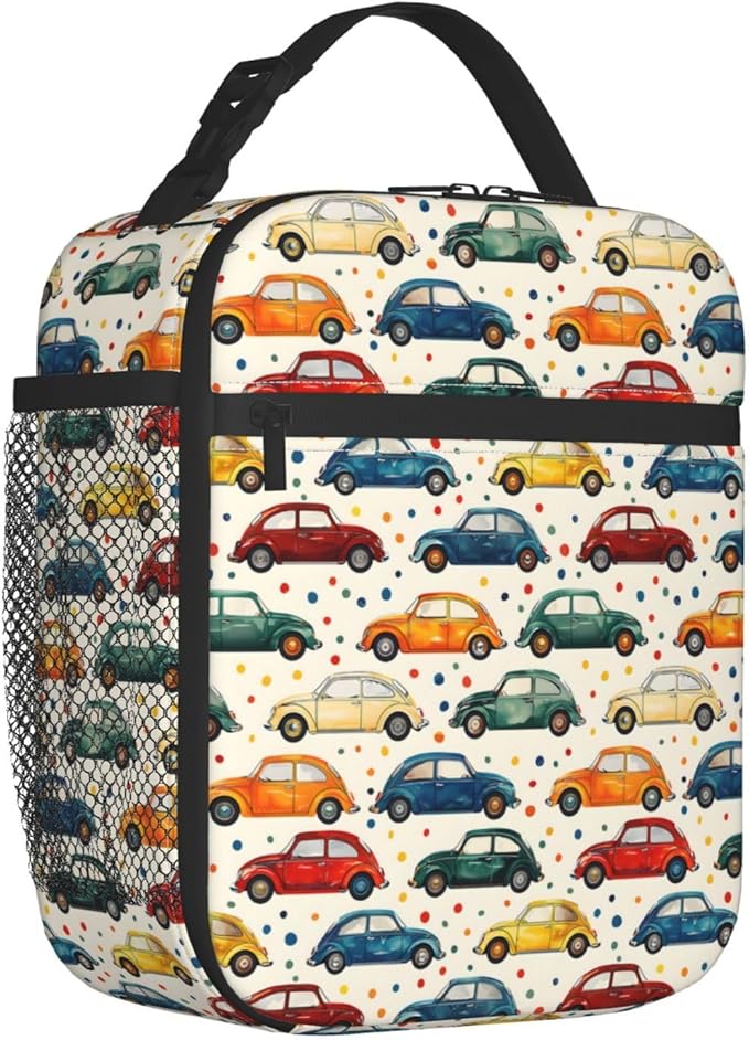 Car Theme Lunch Box for Women Adults Kids, Insulated Cooler Polyester Vintage Classic Cars Lunch Bag for Picnic, School, Office, Travel, Work, Portable Reusable Tote Thermal Lunch Bags