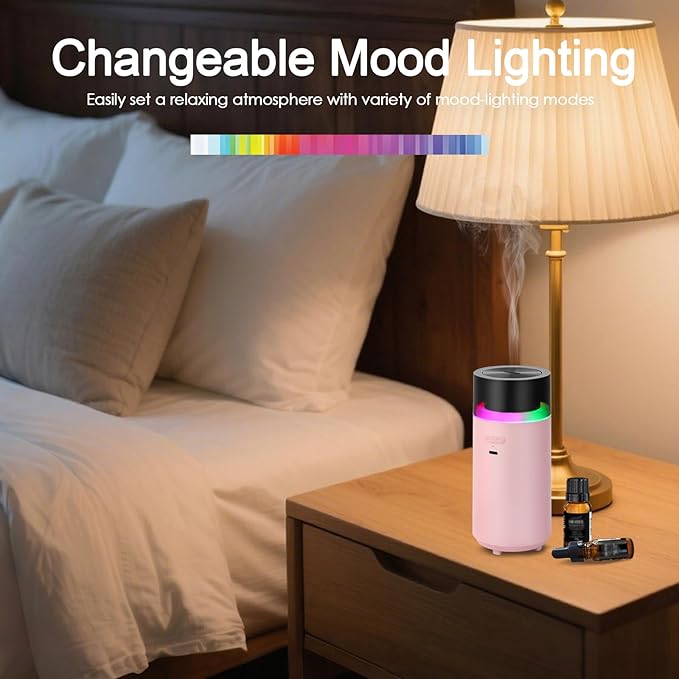 HODEMI Cordless Diffuser for Essential Oil,Portable Cool Mist Aromatherapy Car Diffuser,Built-in 3000mAH Rechargeable Battery,4/8 Timer Modes, Auto On/Off with Car,for Home,Office,Travel (Pink)
