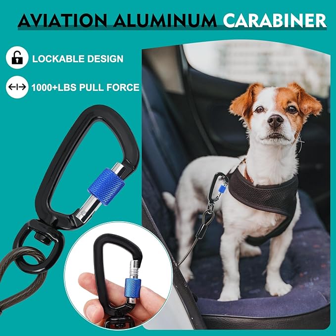 Chew Proof Dog Seat Belt for Car, 32 inch Black Dog Car Harness with Latch Bar Attachment and Aviation Aluminum Carabiner Up to 1000 lbs, Secure Dog Seatbelt Leash 1 Pack