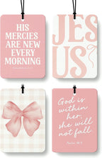 Pink Christian Car Air Freshener 4 Pcs Coconut Scented, Coquette Girly Pink Bow Christian Car Accessories Mirror Decor for Women, Religious Hanging Air Freshener for Cars Closet Drawer Books