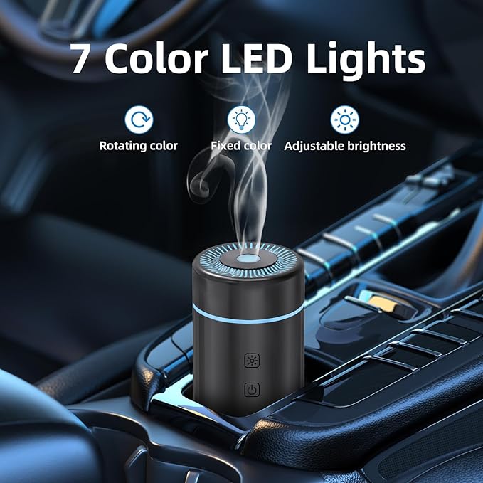 100ML Car Diffuser, USB Rechargeable Battery Operated, Powered Cordless Essential Oil Humidifier, 7 LED Color Lights 2 Timer Modes for Car Outdoor Home (Black)