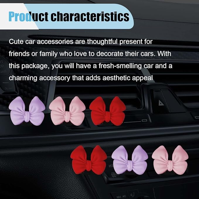 6PCS Bow Car Air Freshener Clips, Cute Air Conditioning Vent Clip, Aesthetic Car Interior Decoration Accessories, Automotive Dashboard Air Vent Trim Clip for Women Girl (Colorful 1)