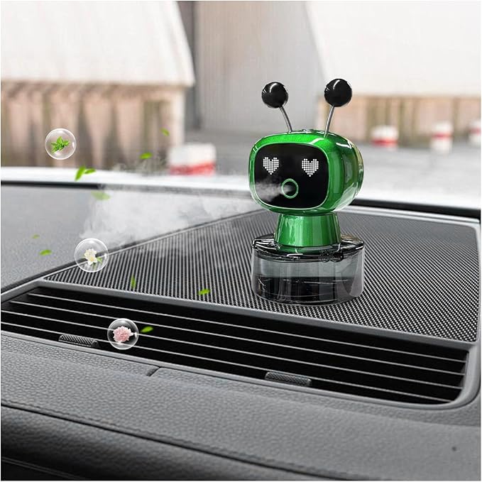 Smart Cute Robot Car Air Freshener, Fine Spray Car Aromatherapy Machine with Four-Gear Adjustment, Auto On/Off Mini Robot Fillable Essential Oil Diffuser for Vehicle Home Office (Flower)
