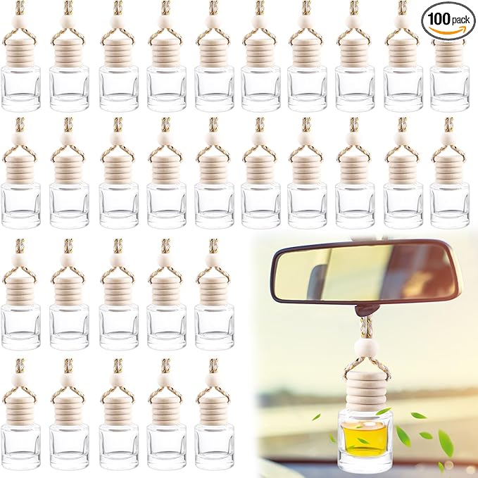 Wresty 100 Pcs 8ml Car Essential Oil Hanging Bottle Empty Car Air Freshener Diffuser Bottle Perfume Glass Bottle Pendant Aromatherapy Fragrance Bottle Auto Car Interior Ornaments Decor