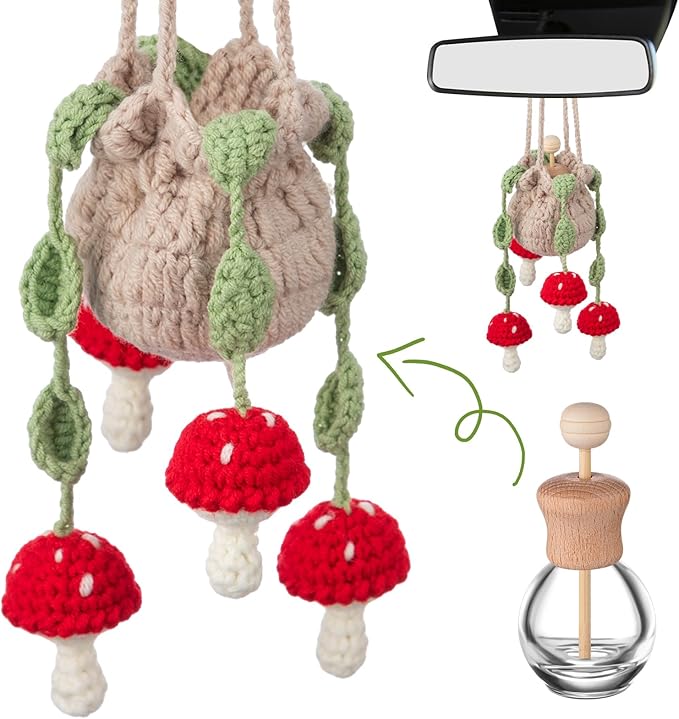 Cute Crochet Plant Car Freshener 12ml Empty Refillable Diffuser Bottle with Plants Hanging Accessories for Rearview Mirror Home Office Decor Women Mother's Day Gifts(Mushroom)