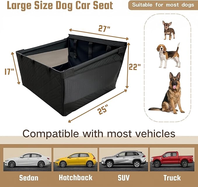 Large Dog Car Seat Extender, Waterproof Back Seat Cover with Hard Base, Seatbelt Leash, Washable Back Seat Extender, with Storage Pocket for SUV, Truck, Car