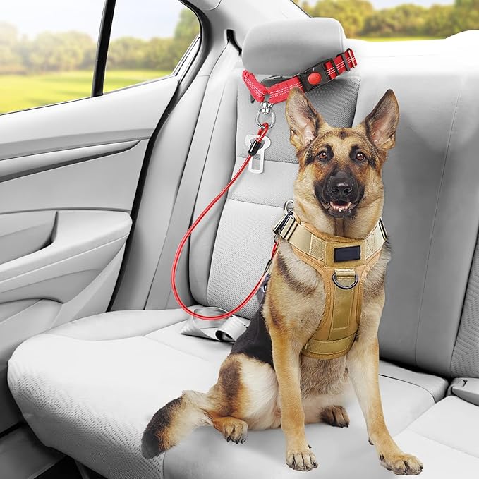 Chew Proof Dog Car Seat Belt, 2 in 1 Steel Cable Dog Car Accessories Headrest Restraint Dogs Car Seatbelt for Medium Large Dogs Chewer Heavy Duty Doggie Seatbelts for Cars Swivel Attach